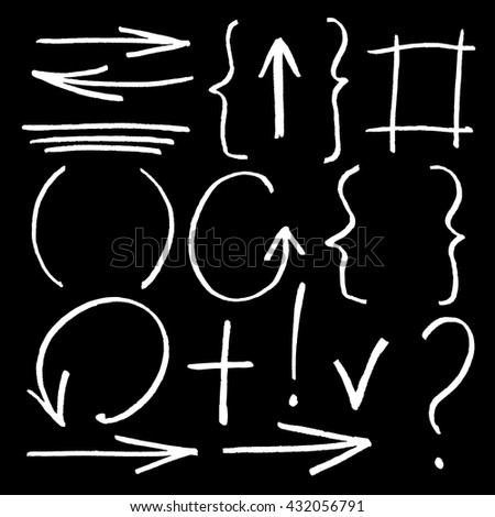 Hand drawn sketch white chalk signs, arrows, lines, shapes, handwritten, design elements set isolated on blackboard