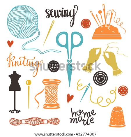 Arts and crafts sewing hand drawn supplies, tools, design elements, icons set isolated on white background