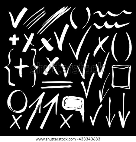 Hand drawn sketch white chalk signs, arrows, lines, shapes, handwritten, design elements set isolated on blackboard