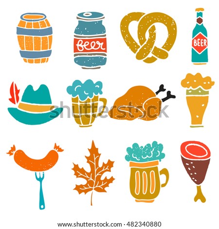 Oktoberfest design elements set. Beer mugs, barrel, pretzel, bottle, hat with feather, roasted chicken, fork with sausage, leaf, roast pork leg. Isolated on white background