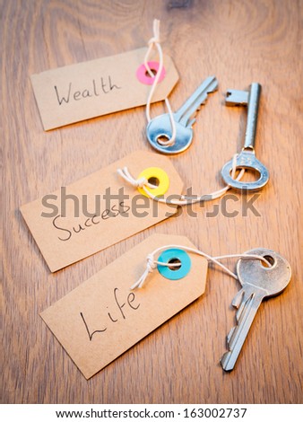 old keys on  strings with retro brown paper luggage tags reading life, success and wealth resting on a heavily grained old wood background. Secret to successful life  concept.