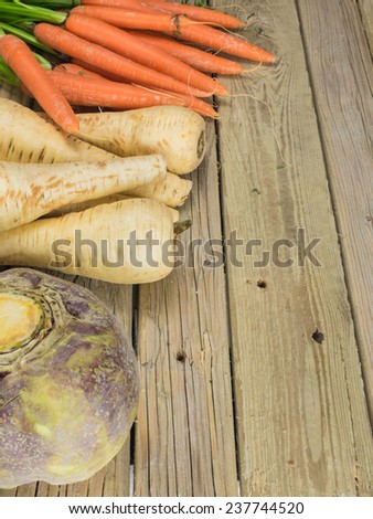 winter root crops  against aged wooden background
