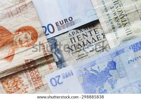 Greek money, drachma with euro paper money