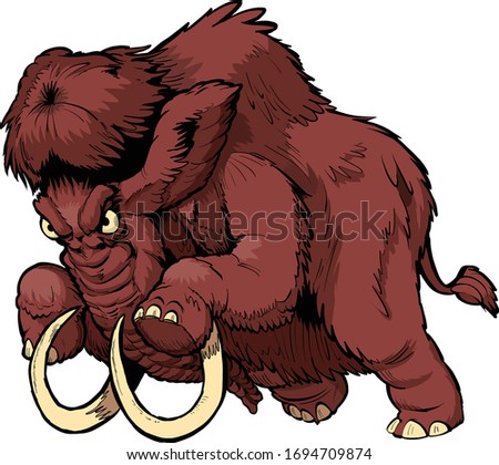 Vector cartoon clip art illustration of a charging angry woolly mammoth mascot in separate layers.