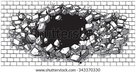 Cartoon clip art illustration of a hole in a wide brick or cinder block wall breaking or exploding outward. Ideal as a customizable background. Vector file is layered.