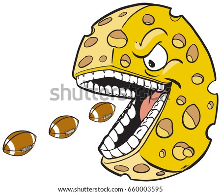 Vector cartoon clip art illustration of a cheese wheel or head mascot with a face and mouth eating footballs, which are on separate layer.