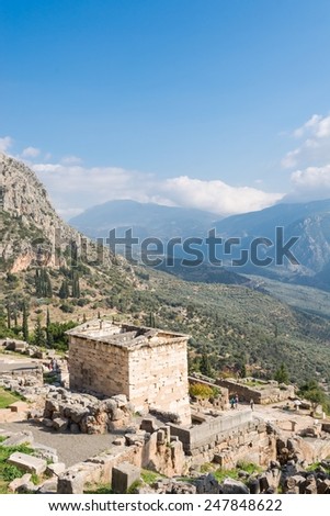 Ancient ruins of the Temple of Apollo, Greek God at Delphi.