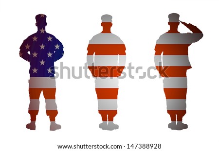 US Army soldier\'s silhouette in three positions Parade rest, Attention, Saluting. Collage, isolated on white background