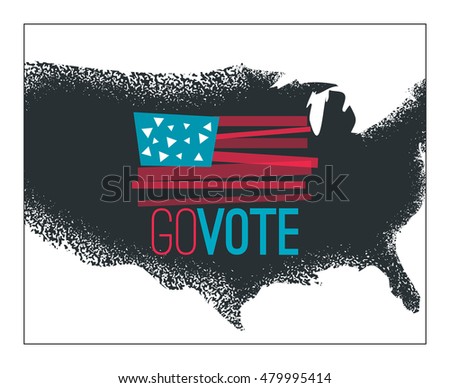 Go vote illustration, primitive flag on dark grungy  US map background for election designs