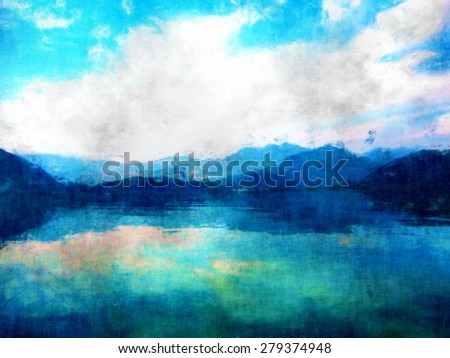 mountain view, landscape oil and watercolor painting, mixed techniques hand drawing, beautiful nature image, modern painting style, sky  clouds and mountains and water reflection impressionism