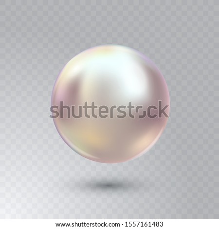 Vector illustration of single shiny natural white sea oyster pearl with light effects isolated on transparent background. Beautiful 3D shining realistic pearl for luxury accessories.