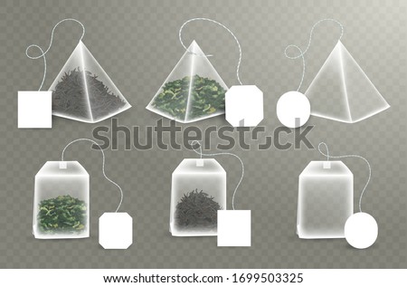 Pyramid and rectangular Shape Tea Bag Set. Mock Up With Empty Square, Rectangle Labels. Green and black tea. 3D Realistic Teabag Template. Vector Illustration