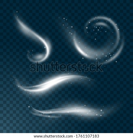 Vector realistic set of high detailed wind or dust cloud isolated on transparent background. Effect of white smoke, fog, spray.