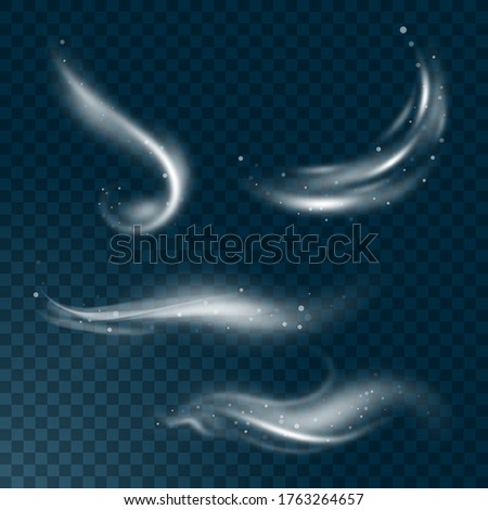 Vector realistic set of high detailed wind or dust cloud isolated on transparent background. Effect of white smoke, fog, spray.