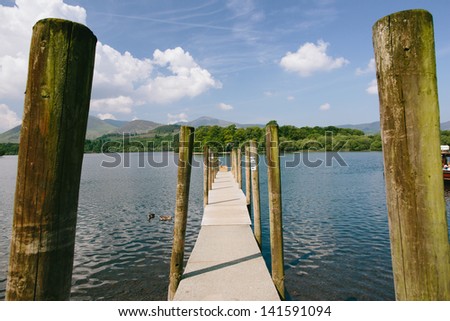 Lodore Landing Stage. The landing stage is situated on the edge of Derwentwater in the English Lake District,