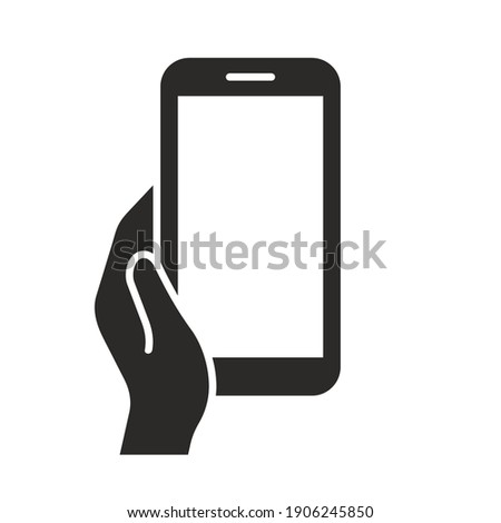 Mobile phone icon. Mobile phone in hand. Hand holding smartphone. Vector icon isolated on white background.