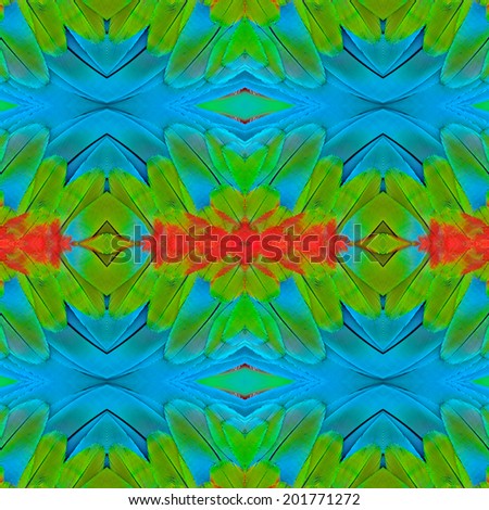 Beautiful of seamless green and blue background made from Green wing macaw bird\'s feathers
