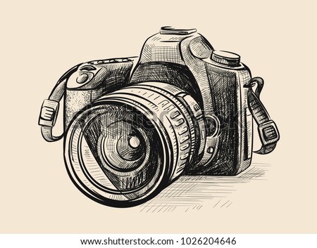 Modern camera in doodle style. Vector hand drawn