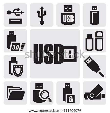 vector black usb icons set on gray