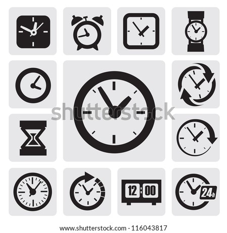 vector black clocks icons in the gray squares