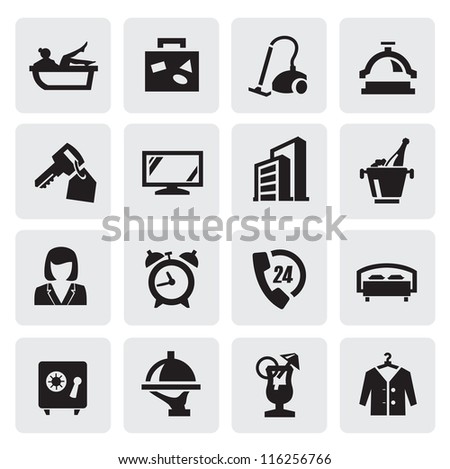 vector black hotel icons set on gray