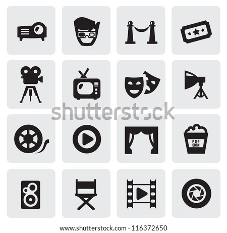 vector black movie icons set on gray