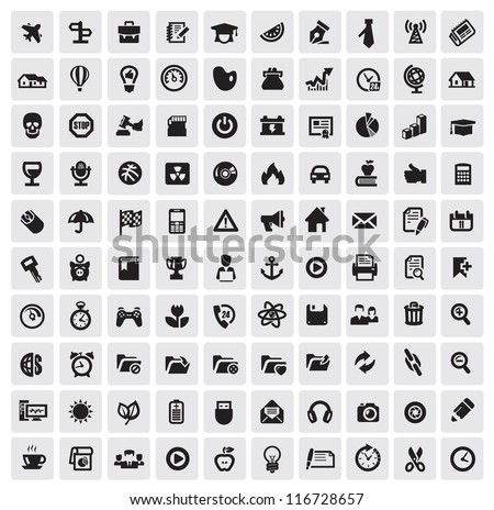 vector black 100 web icons set on gray