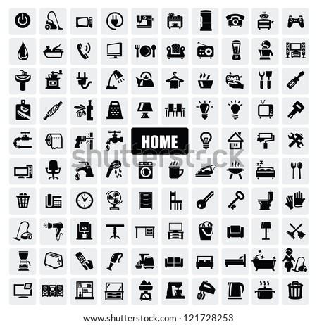 vector black home appliances icons set on gray