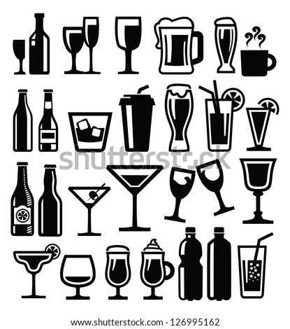 vector black beverages icon set on white