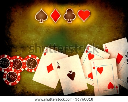 Vintage playing cards on a dark background with some poker chips