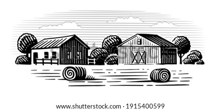 House with barn and trees. Farm Landscape retro Sketch with hay. Rural Fields and Buildings. Drawing country theme.