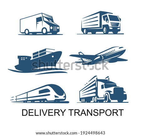 Transport cargo delivery icon. Airplane ship with container truck and lorry emblems