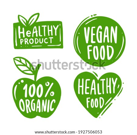 Organic labels. Fresh eco vegetarian emblems and healthy foods logo. Sticker or ecological product stamp.