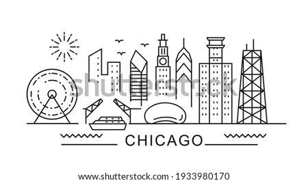 Chicago minimal style City Outline Skyline with Typographic. Vector cityscape with famous landmarks. Illustration for prints on bags, posters, cards. 