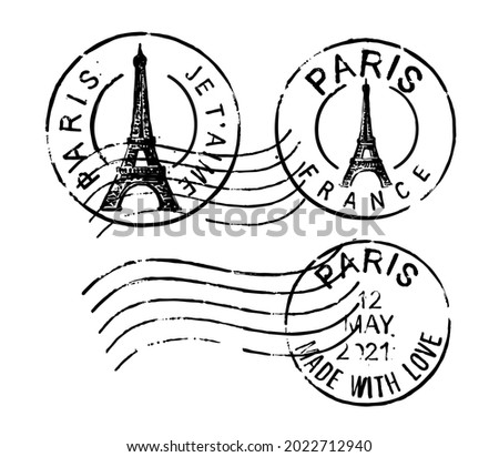 Postal vintage stamps Paris - France. Vector grunge rubber with Eiffel Tower 
