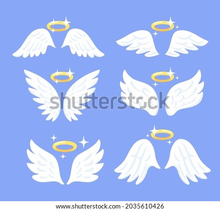 Flying angel wings with nimbus vector. Bird feathers set.