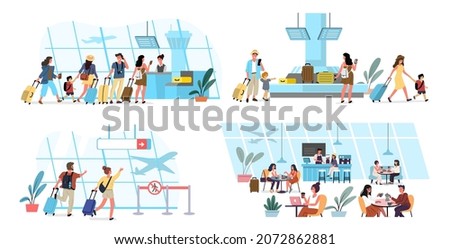 People in airport terminal vector. Plane boarding flight register tourists. Passengers characters in waiting, baggage claim, border control.