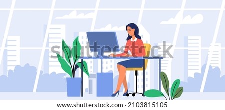 Woman use pc desk with computer monitor working at office vector. Business female