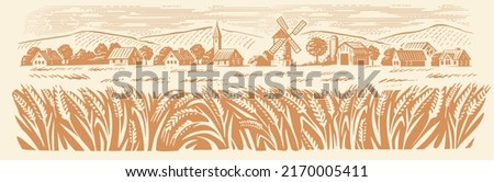 Wheat Organic Farming landscape. Farm and Fields with Harvest Foto d'archivio © 