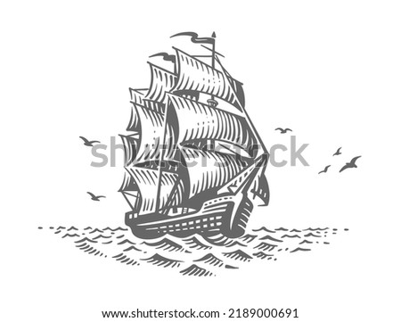 Sailing ship sketch. Old Fashioned Vintage