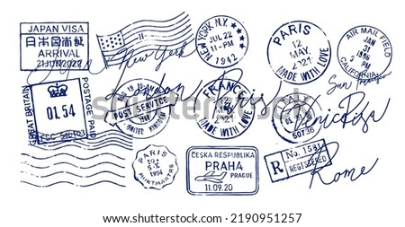 Passport Stamps travel city. Visa concept .Mail, post office.