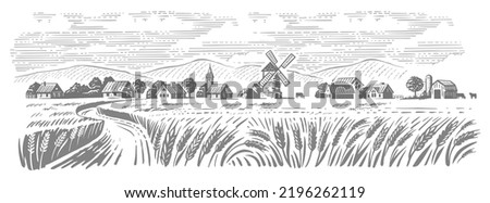 Wheat village landscape vector. Farm and fields with harvest