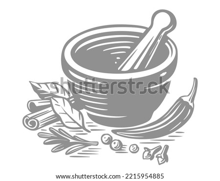 Mortar and spices with Pestle Sketch.