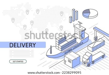 Ship cargo delivery Isometric Concept. Use for web page, banner, infographics. Flat illustration editable line. Business logistic