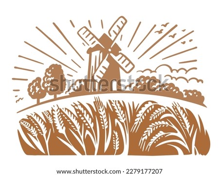 Wheat field landscape with mill. Hand drawn