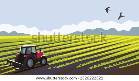 Similar – Image, Stock Photo Plowed agricultural farm field pattern with bare trees in background