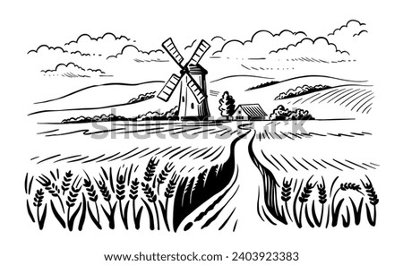 Windmill in a rural landscape.