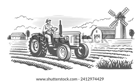 Country farm with tractor and mill. Countryside line sketch