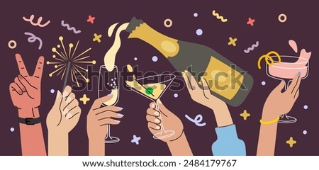 People celebrating birthday party. Hands with alcohol for celebration.