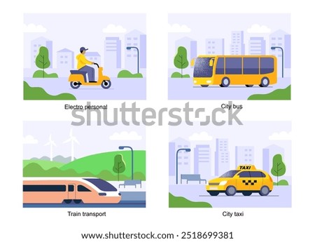 City transport flat vector set. Train, taxi, bus, scooter